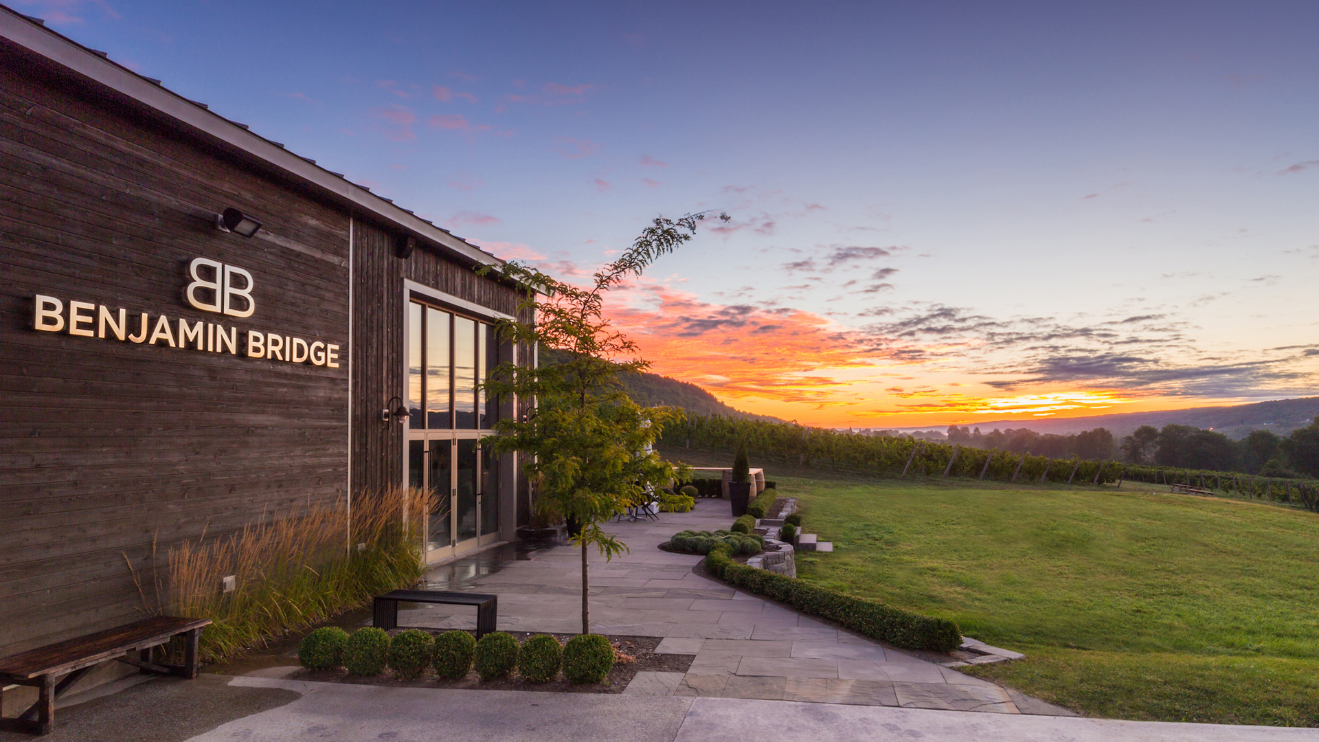 picture of the Benjamin Bridge patio at sunrise